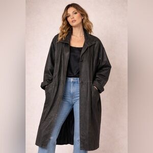 Vintage Women’s Black Leather Trench Coat Gino di Giorgio COMINT Long Jacket LG